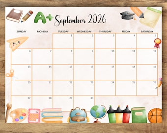 Calendrier modifiable de septembre 2026, agenda de rentrée scolaire, agenda mensuel pour l'école à la maison (téléchargement PDF)