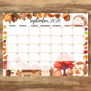 Höstkalender för september 2026, månadsplanerare, redigerbar PDF, klassrumsschema (direktnedladdning)