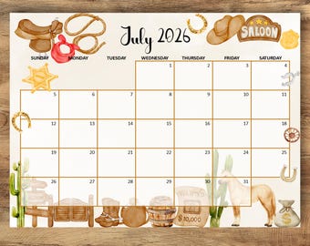Bewerkbare kalender juli 2026, maandelijks schema, cowboy juli pdf-kalender, zomer juli planner afdrukbaar, USLetter landschap, Instant Download