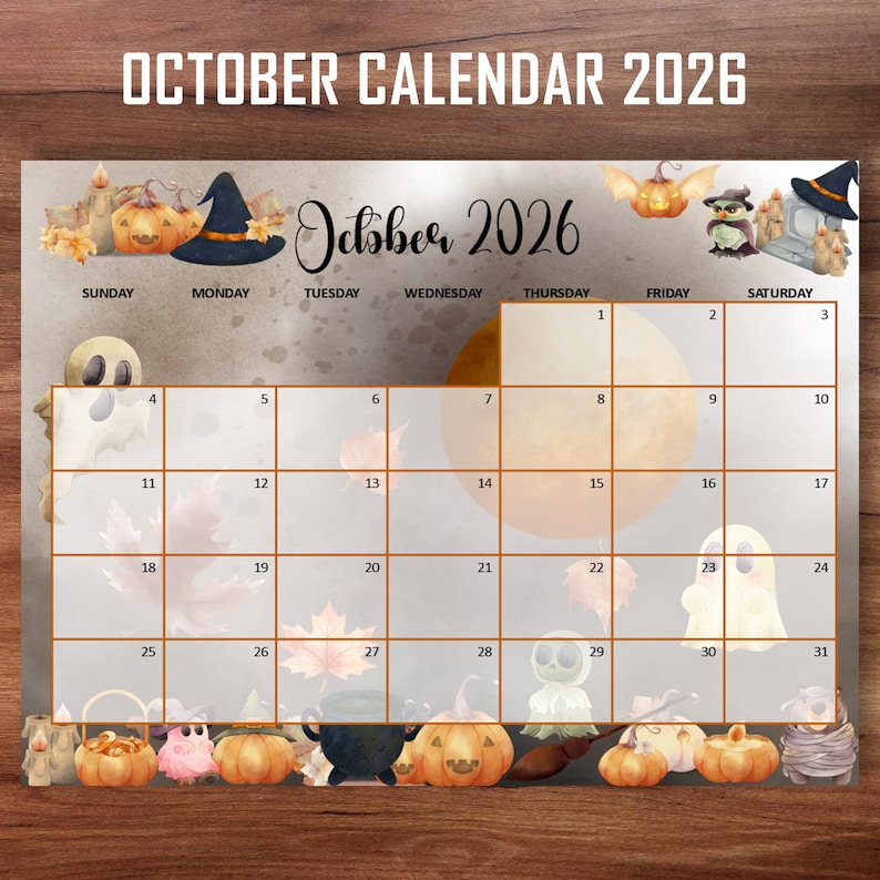 Calendrier d'Halloween octobre 2026, agenda d'automne effrayant ...