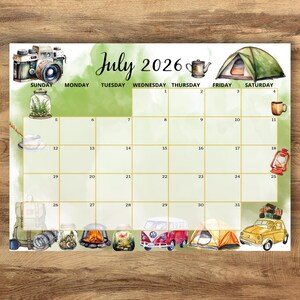 July 2026 Camping Calendar, Editable Monthly Planner (US Letter)