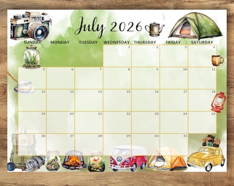 BEWERKBARE JULI 2026 Kalender, juli zomer camping kalender pdf, afdrukbaar maandschema, kamp planner juli zomer, Instant Download