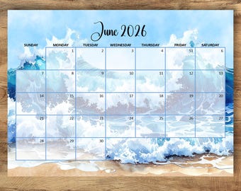Kalender juni 2026 bewerkbaar, Summer Blue Beach, bewerkbare pdf (US lettre), afdrukbaar maandschema, direct downloaden
