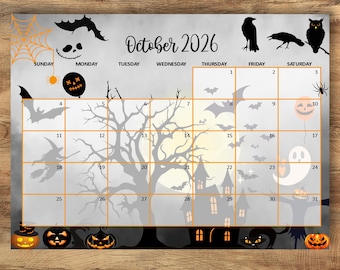 Calendrier d'Halloween octobre 2026, agenda à grille aquarelle effrayant (téléchargement numérique)
