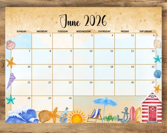 Strandkalender juni 2026, bewerkbare zomerplanner, bewerkbare pdf, afdrukbaar maandschema, Instant Download (US Letter)