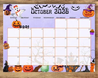 Calendrier d'Halloween modifiable (octobre 2026), agenda scolaire pour enfants (téléchargement instantané)