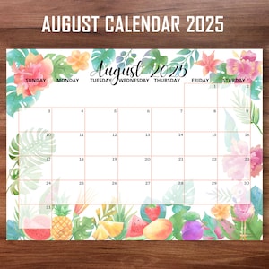 EDITIERBARER Kalender für August 2025, niedlicher Sommerkalender für August 2025, druckbarer monatlicher Stundenplan für Zuhause, Arbeit, Büro, sofortiger Download