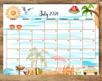 BEWERKBARE JULI 2026 Kalender, juli zomer strandkalender pdf, afdrukbaar maandschema, strandplanner juli zomer, Instant Download