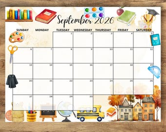 Bewerkbare septemberkalender 2026, pdf-leraarplanner afdrukbaar, terug naar school, thuisschoolkalender, academische planner, maandkalender