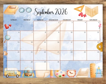 Calendrier de septembre 2026, agenda de rentrée scolaire, planning mensuel modifiable (téléchargement numérique)
