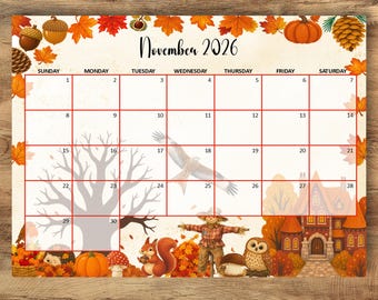 Kalenderposter November 2026, illustrierte Herbstwanddekoration, Aquarell-Herbstmotiv zum Ausdrucken, verspielte Vogelscheuchen- und Eulenmotive, digitaler Download