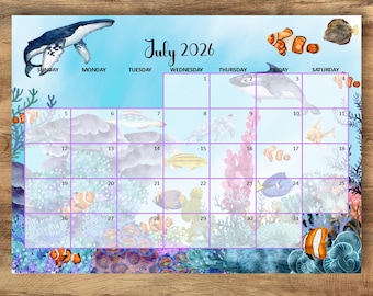 Kalender juli 2026, oceaan koraalvissen kunst, tijdmanagement, bewerkbare maandplanner (digitale download)
