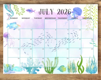 Kalender juli 2026 BEWERKBAAR, strandplanner juli afdrukbare pdf, maandschema, kinderkalender juli, wandkalender juli, instant download