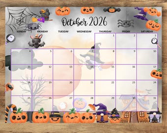 Calendrier d'Halloween octobre 2026, thème sorcière citrouille effrayante (téléchargement numérique)