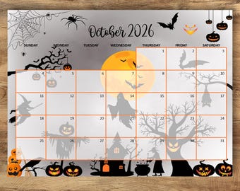 Calendrier d'Halloween 2026 (octobre effrayant), Agenda Sorcière Citrouille Fantôme (Téléchargement numérique)