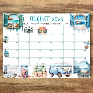 EDITABLE August 2025 Calendar, Beautiful Summer Beach Calendar, Printable Monthly Schedule for Kids School Home Work Office Instant Download