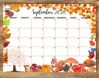 Kalender september 2026, herfst-herfstplanner, US Letter, bewerkbare pdf, maandelijks schema (digitale download)