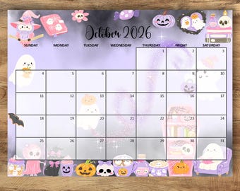 Calendrier d'Halloween Kawaii octobre 2026, page de planification fantôme pastel (téléchargement numérique)
