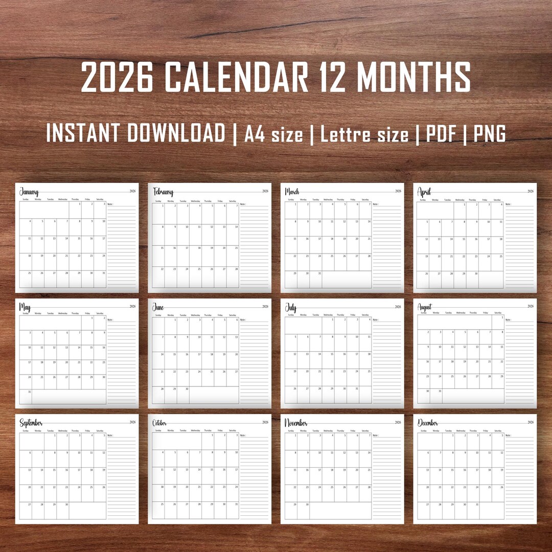 EDITABLE 2026 Monthly Calendar, Printable Calendar 2026, 12 Month ...