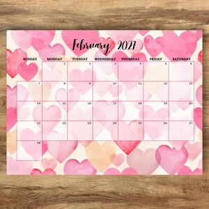 February 2027 Calendar Printable, Fillable PDF, Valentine’s Day Watercolor Hearts Planner, Monday & Sunday Start, Instant Download