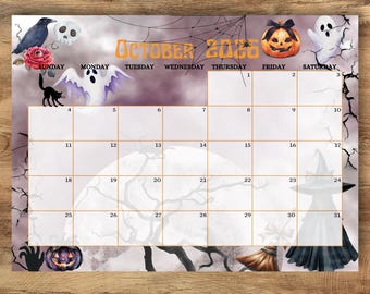 Calendrier d'Halloween modifiable pour octobre 2026, agenda effrayant pour enfants (téléchargement instantané)