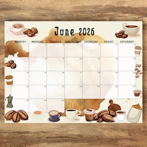 EDITABLE June 2026 Calendar, Cute Summer Planner w/ coffee, Printable Monthly Calendar for Kids School Home Office Work, Instant Download