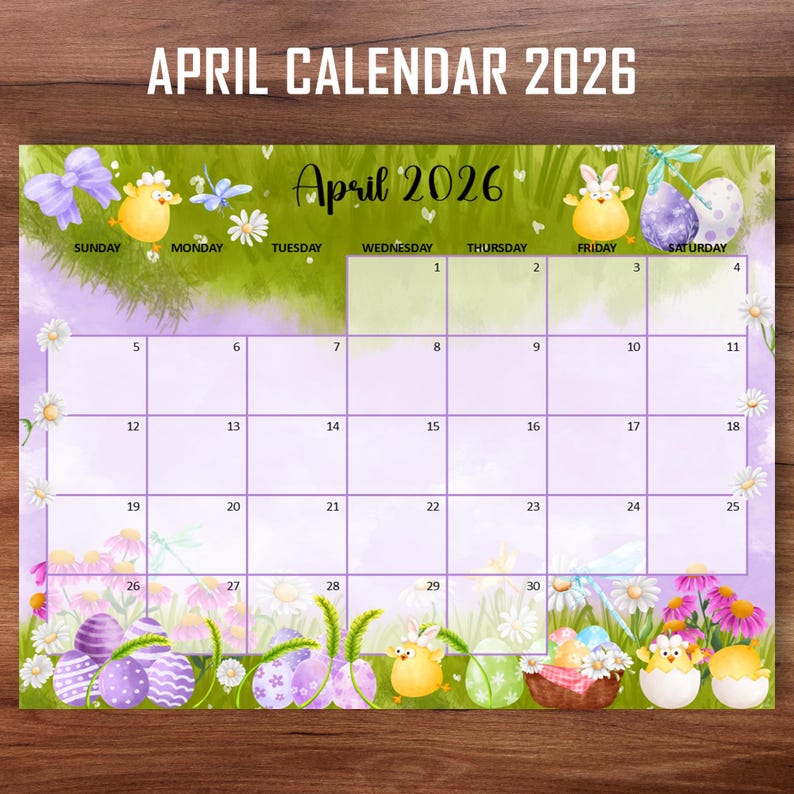 Editable April 2026 Easter Calendar, Happy Spring Colorful Eggs ...