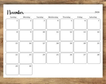 Calendrier minimaliste de novembre 2026, agenda à grille neutre (téléchargement PDF)