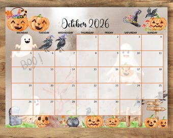 Calendrier d'Halloween octobre 2026 : citrouilles souriantes, fantômes, corbeaux (téléchargement numérique)