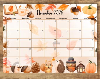 Druckbarer Kalender für November 2026, Herbstliche Aquarell-Wandbilder, Monatsplaner für den Herbst, Waldtiere, Sofort-Download als PDF