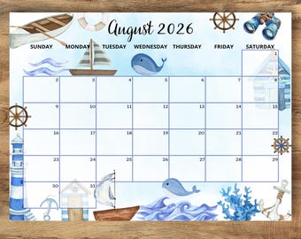 Kalender augustus 2026 bewerkbaar, strand zomer ontspannende kalender, augustus planner pdf, afdrukbaar maandschema, direct downloaden