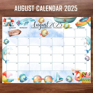 EDITABLE AUGUST 2025 Calendar, Happy Summer Calendar for August 2025, Printable Monthly Schedule for Home Work Office, Instant Download