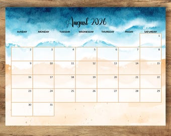 Afdrukbare kalender augustus 2026, maandschema, klaskalender, pdf, png-afdrukbare planner, zomerstrandkalender (direct downloaden)