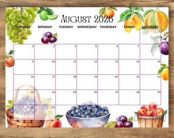 Bewerkbare kalender augustus 2026, verfrissende zomerfruitkalender, afdrukbaar maandschema, augustusplanner, direct downloaden, augustus 2026