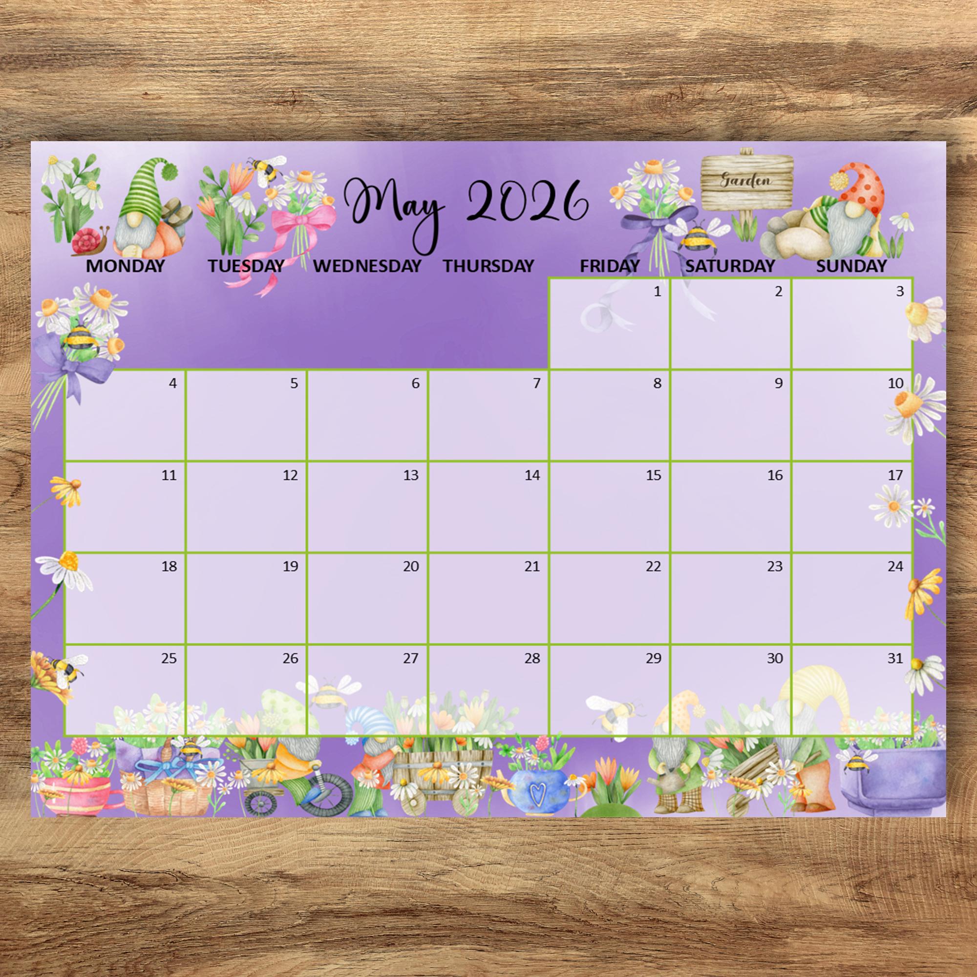 Spring Calender May EDITABLE May 2026 Calendar, Cute Spring Garden Calendar With Bees and ...
