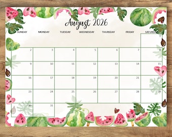 Afdrukbare kalender augustus 2026, watermeloenplanner, zomerkalender (direct downloaden)