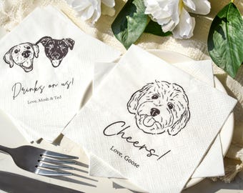 Custom Pet Wedding Napkins, Personalized Pet Portrait Cocktail Napkins, Dog Cat Wedding Napkins, Wedding Bar Decor