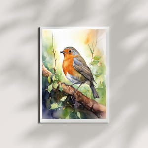 Stampa artistica da parete raffigurante un pettirosso, decorazione rustica per la casa, illustrazione del bosco, regalo per gli amanti degli uccelli, poster primaverile sulla fauna selvatica.