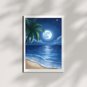 Stampa artistica "Chiaro di luna sul mare" su carta fotografica satinata perlata, decorazione murale costiera, decorazione nautica per camera da letto o soggiorno, arte dell'oceano al chiaro di luna