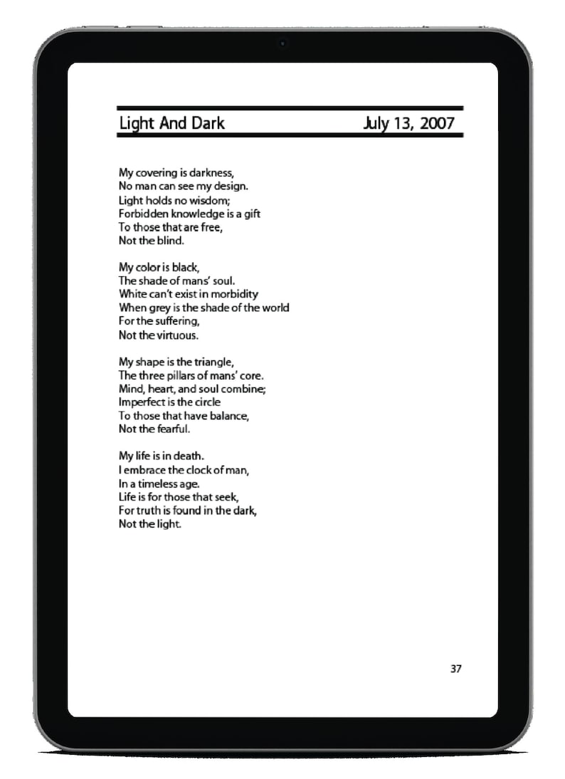 Puede incluir: Una p&aacute;gina de un libro con un poema titulado "Luz y Oscuridad" escrito en texto negro sobre un fondo blanco. El poema trata sobre la naturaleza de la oscuridad y la luz, y c&oacute;mo ambas son partes esenciales de la vida. La fecha "13 de julio de 2007" est&aacute; impresa en la esquina superior derecha de la p&aacute;gina.