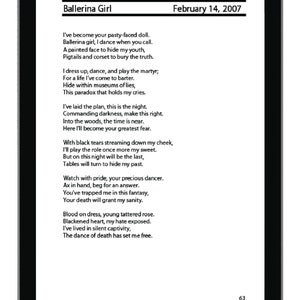 Puede incluir: Una imagen en blanco y negro de una p&aacute;gina de un libro con un poema titulado "Ballerina Girl" sobre una bailarina que baila y juega el papel de una m&aacute;rtir. El poema est&aacute; fechado el 14 de febrero de 2007.