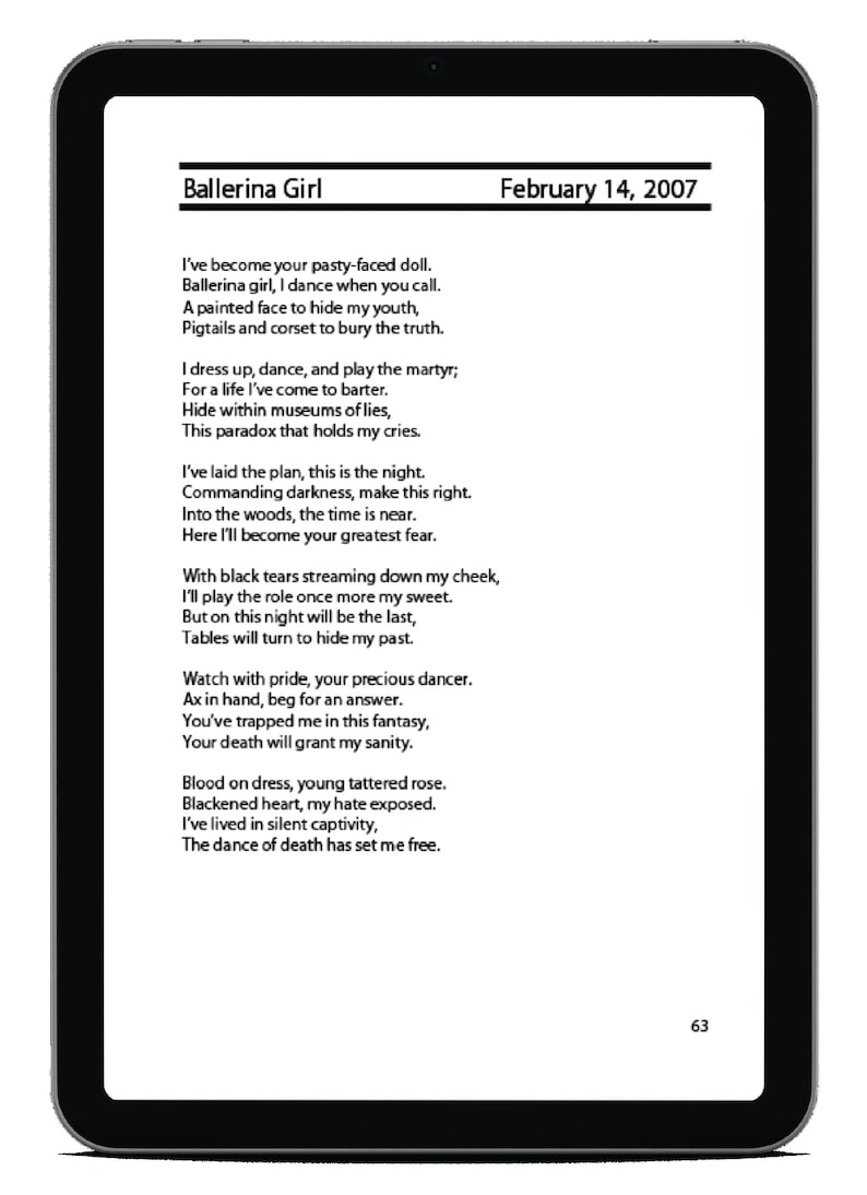 Puede incluir: Una imagen en blanco y negro de una p&aacute;gina de un libro con un poema titulado "Ballerina Girl" sobre una bailarina que baila y juega el papel de una m&aacute;rtir. El poema est&aacute; fechado el 14 de febrero de 2007.