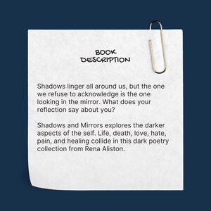 Op de afbeelding: Een wit papier met de tekst "BOOK DESCRIPTION" en een beschrijving van een po&euml;ziecollectie getiteld "Shadows and Mirrors" van Rena Aliston. Een zilveren paperclip houdt het papier vast. De achtergrond is donkerblauw.
