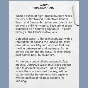 May include: A white paper with the title "BOOK DESCRIPTION" and text describing a mystery novel about detectives investigating murders in Birchwood. A silver paper clip secures the paper.