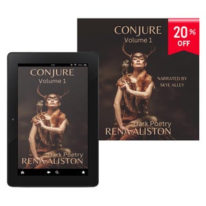 May include: A black tablet shows the cover of "Conjure Volume 1" by Rena Aliston, a dark poetry book. The cover art features a person with antlers and a bird. A book cover with the same design and a 20% off banner is also visible.