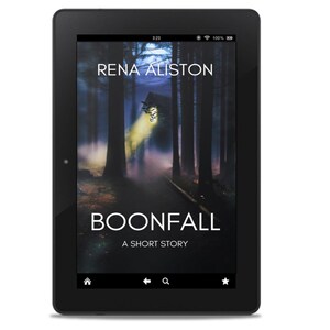 May include: A black tablet displays the cover of the book "Boonfall: A Short Story" by Rena Aliston. The cover art features a dark forest scene with a path, a house, and a beam of light.