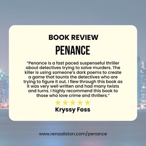 May include: A book review for "Penance" is displayed on a light yellow background with a cityscape in the background. The review includes a quote, author's name, and a 5-star rating. The website address is also included.