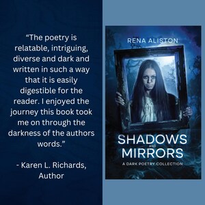 Op de afbeelding: Boekomslag voor "Shadows and Mirrors: A Dark Poetry Collection" van Rena Aliston. De cover toont een vrouw omlijst door een donkere, sierlijke rand, met een spookachtig beeld en titeltekst.