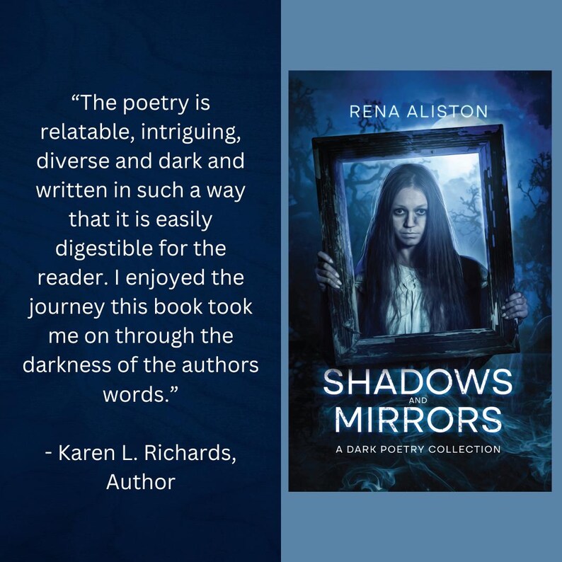 Op de afbeelding: Boekomslag voor "Shadows and Mirrors: A Dark Poetry Collection" van Rena Aliston. De cover toont een vrouw omlijst door een donkere, sierlijke rand, met een spookachtig beeld en titeltekst.
