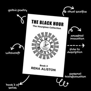 Puede incluir: Portada del libro "The Black Hour" de Rena Aliston, de la colecci&oacute;n "The Hourglass Collection". La portada presenta un dise&ntilde;o de reloj y "Book 3". Flechas indican temas como brujer&iacute;a, poes&iacute;a g&oacute;tica y sacrificio ritual, todo sobre un fondo negro.